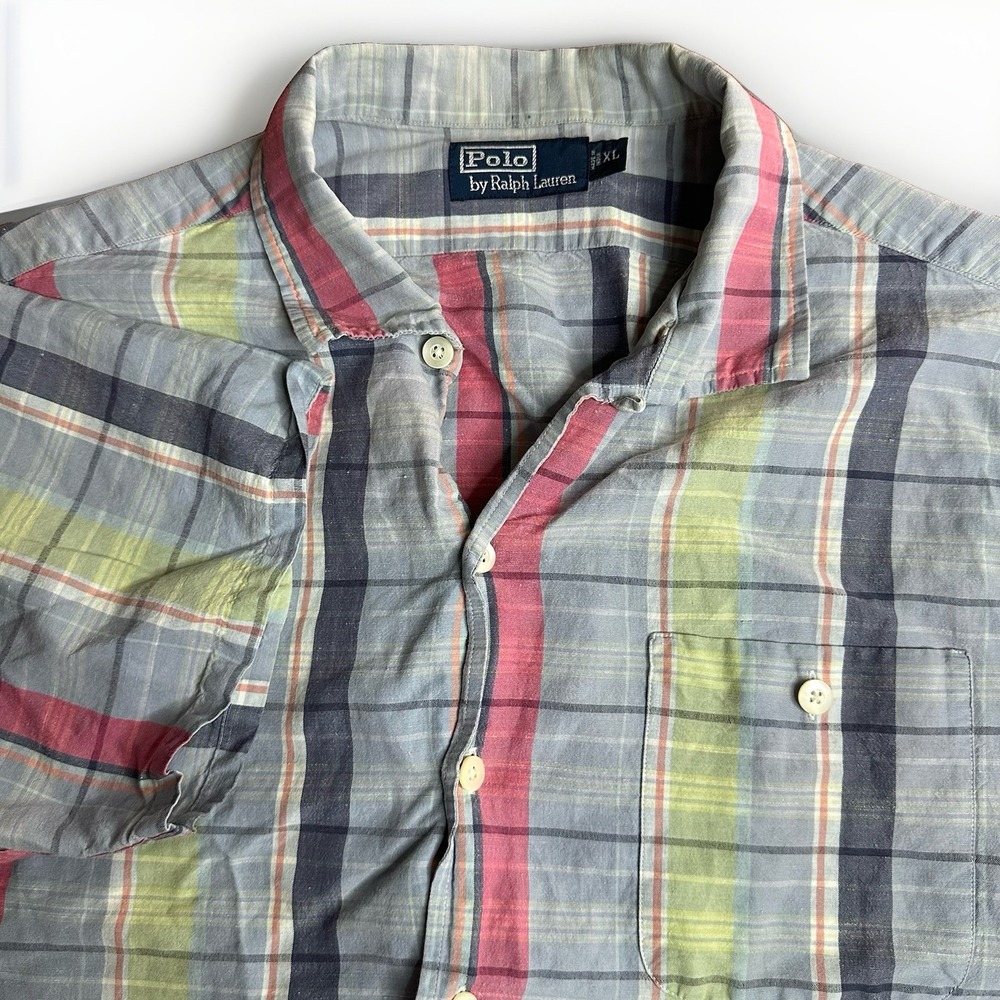 Vintage Polo Ralph Lauren Shirt Mens XL Blue Plaid Linen Blend Camp Loop Collar